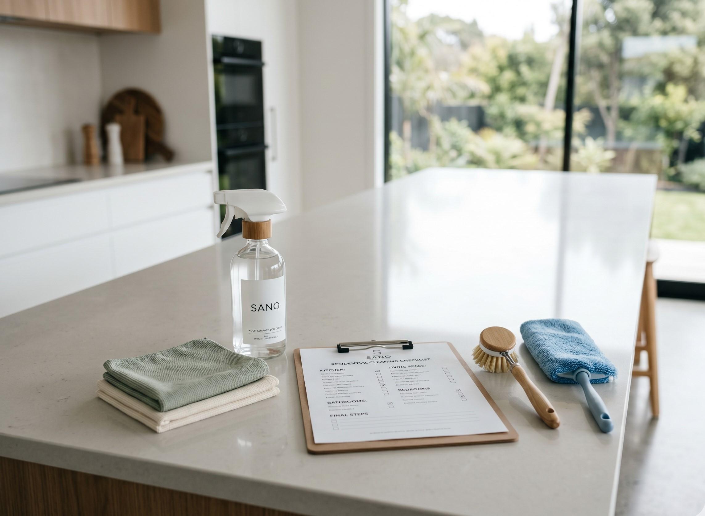 Sano cleaning kit and residential checklist on a kitchen benchtop